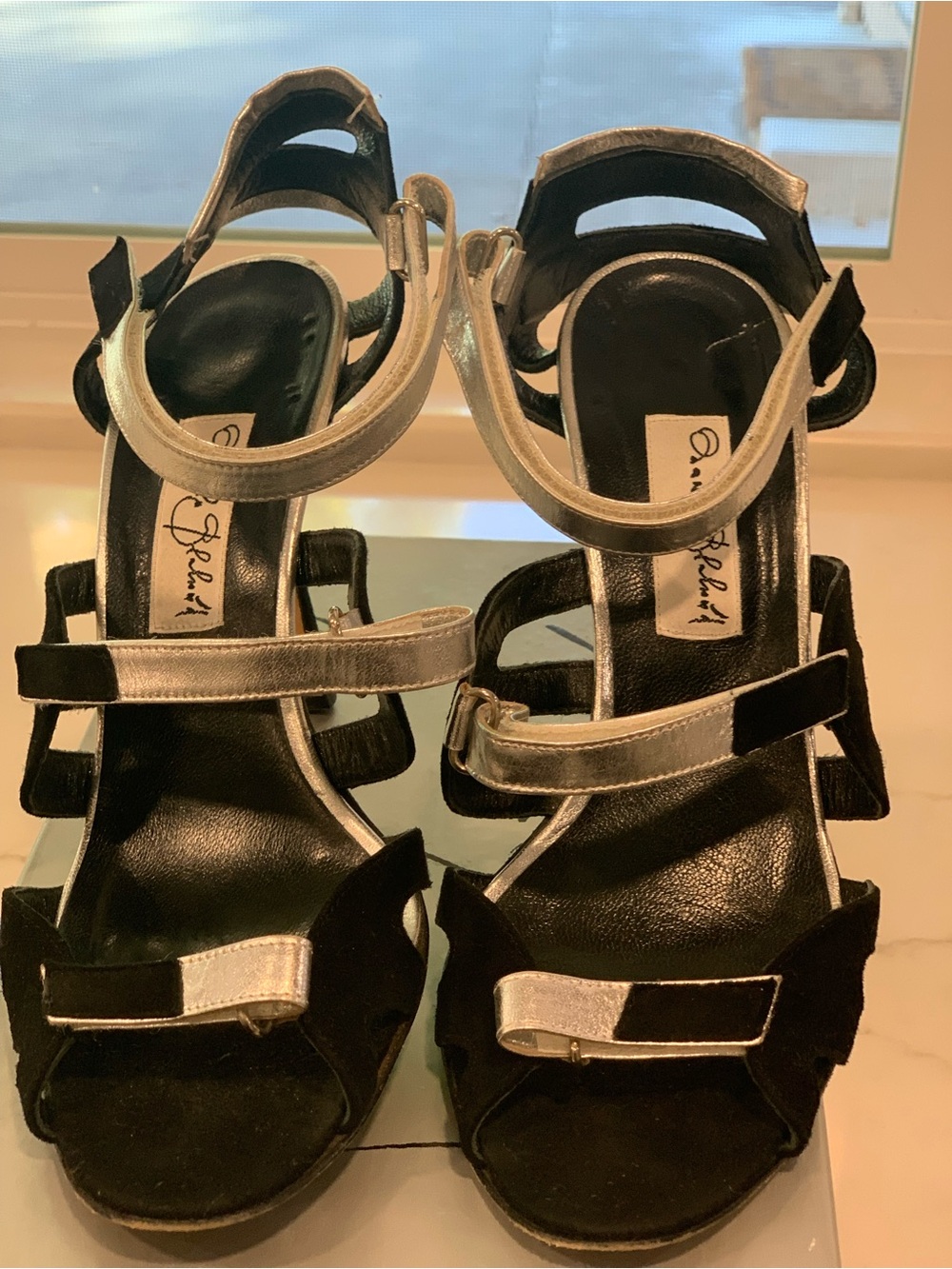 Manolo Blahnik Black and Silver Strappy High-Heel Sandals